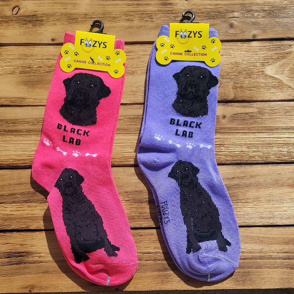 NWT Foozys Black Lab Dog Socks - Pink and Lavender 2 Pair Set - Unisex